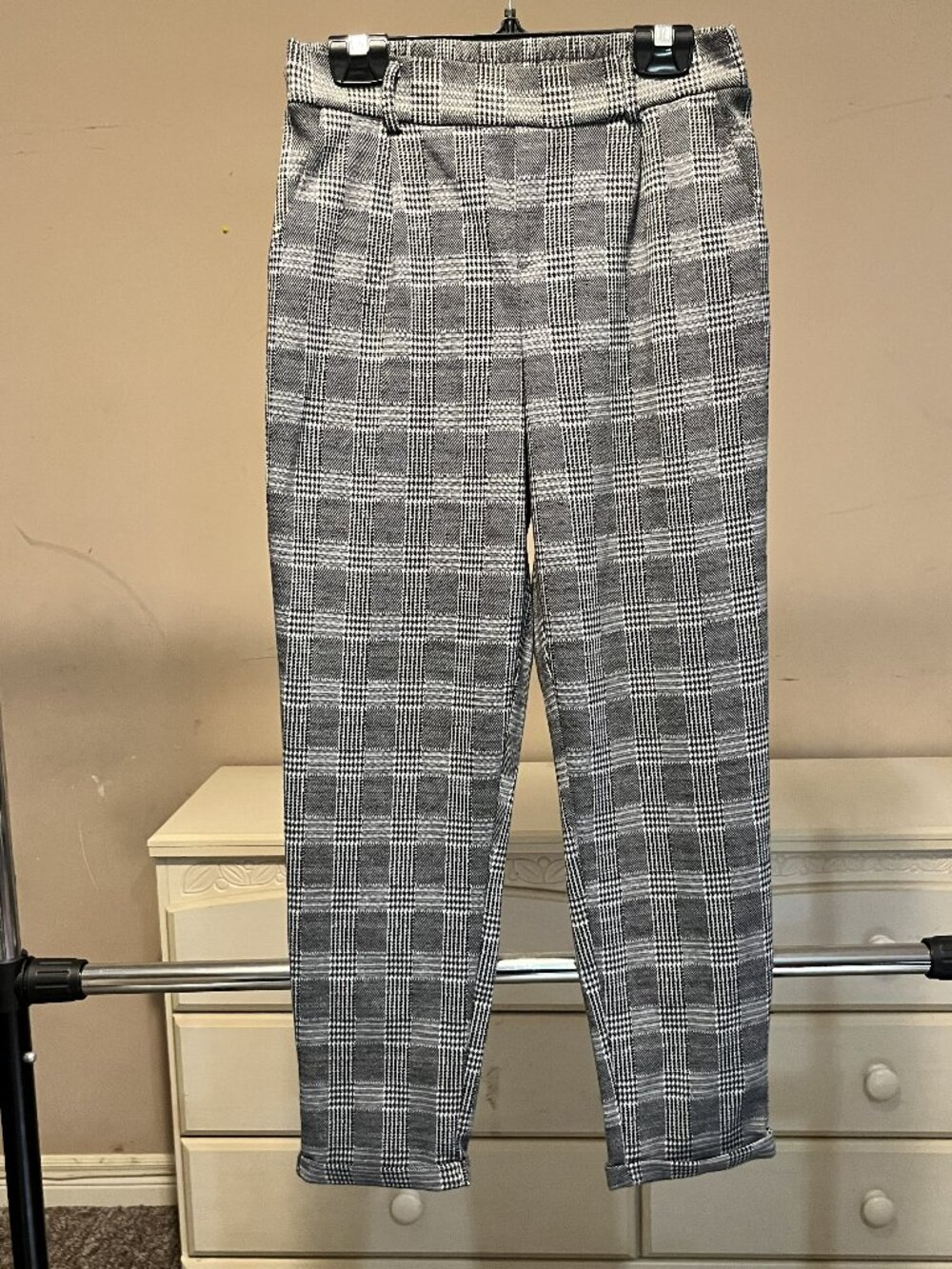 High Waist Plaid Skinny Pants Size M Black and White